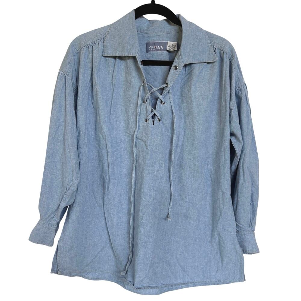Vtg Chambray Pirate Ren Faire Lace Up Top Blue Lightweight Cotton Blouse Small
